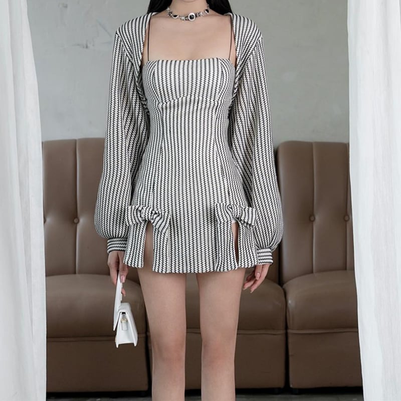 2PCS Vertical Stripe Slip Dress + Jacket