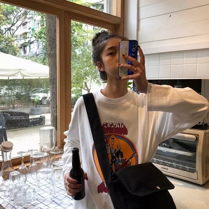Cute White Music Band Cartoon Print Oversize Loose Long Sleeve Shirt Top T-shirt O Neck Casual E-Girl Kawaii Korean Japanese Harajuku Streetwear