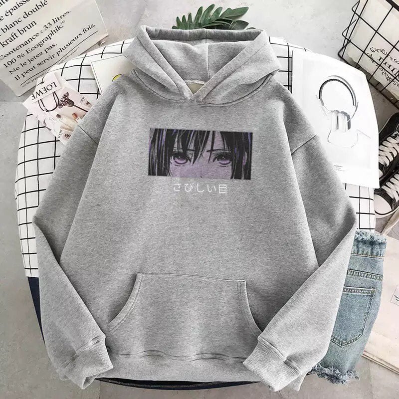 Cute Anime Girl Sad Eyes Hoodie Loose Long Sleeve Sweatshirt Sweater Pullover Jumper Casual E-Girl Kawaii Korean Japanese Harajuku Streetwear