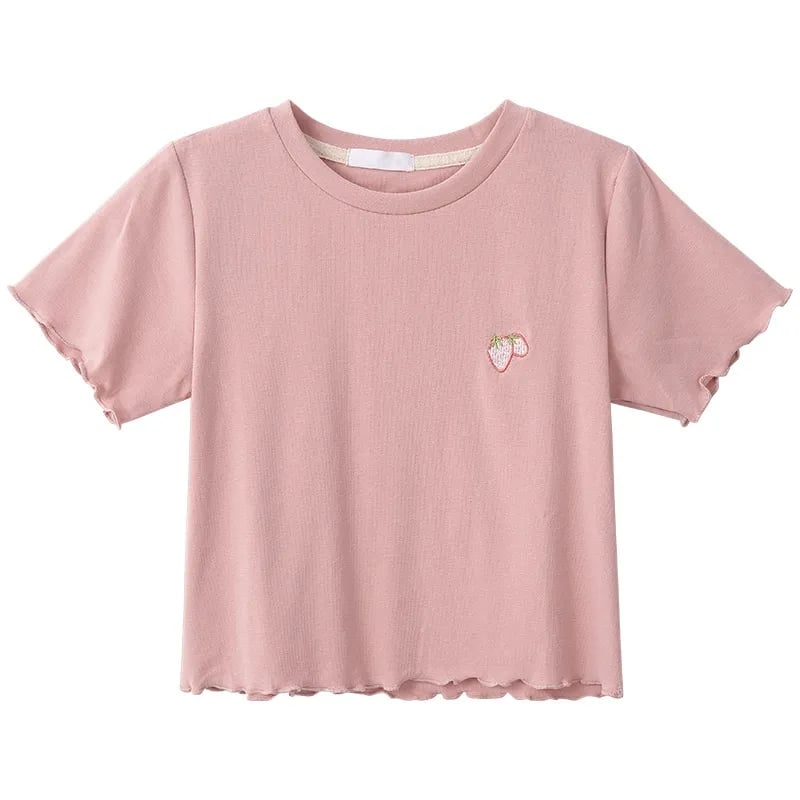 Strawberry Embroidery Ruffle Short Sleeve Shirt