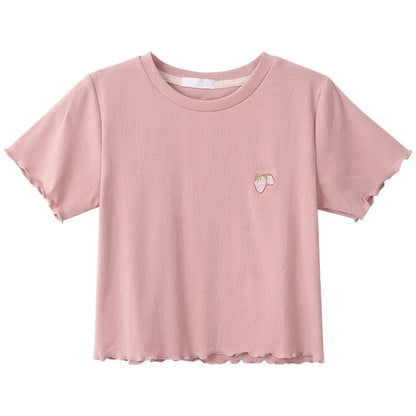 Strawberry Embroidery Ruffle Short Sleeve Shirt