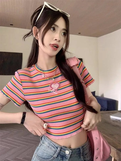Pink Rainbow Stripe Crop Top
