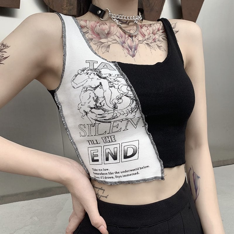 Cute Sexy Black White Patchwork Print Tank Crop Top Sleeveless Shirt Punk Bodycon Aesthetic Goth E-Girl Kawaii Korean Japanese Harajuku Streetwear
