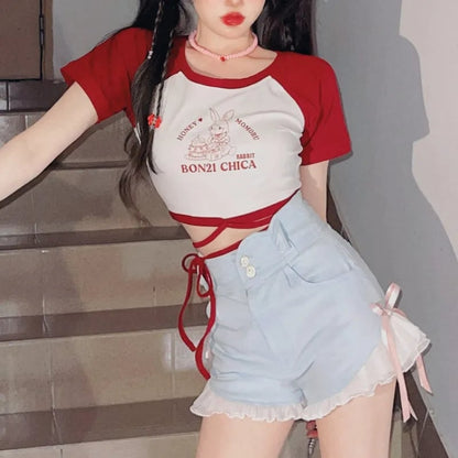 Pink Bow Ruffle High Waist Lace Shorts