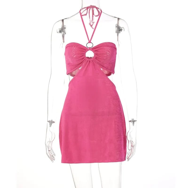 Pink Cut Out Halter Backless Dress