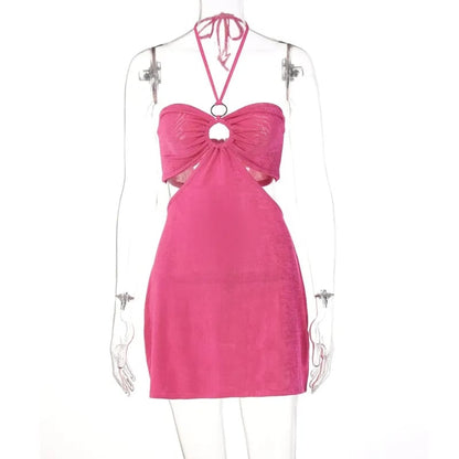 Pink Cut Out Halter Backless Dress