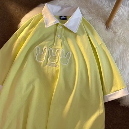 Cute Pastel Bunny Rabbit Embroidery Polo Short Sleeve T- Shirt Top Aesthetic Casual Summer E-Girl Kawaii Korean Japanese Harajuku