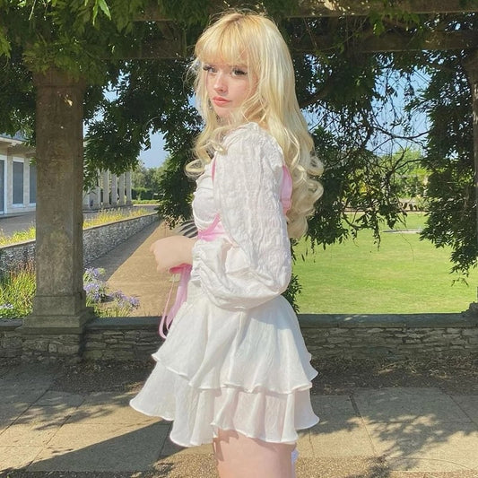 Cute 2pcs Sweet Pink Corset Vintage Bustier Mini Dress Set Square Collar Puss Sleeve Aesthetic E-Girl Kawaii Korean Japanese Harajuku