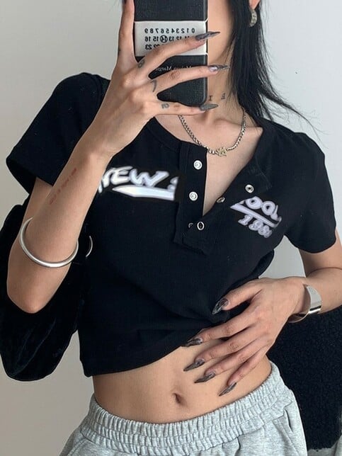 Black Graffiti Print Button Crop Top