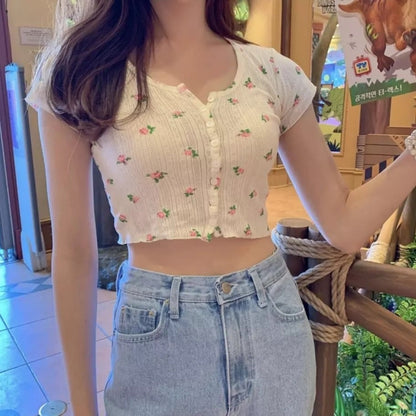 Cute Flower Rose Button Up Crop Top Short Sleeve Shirt T-shirt Tee Top Kawaii Korean Japanese Harajuku Chinese Retro Streetwear Aesthetic Fashion