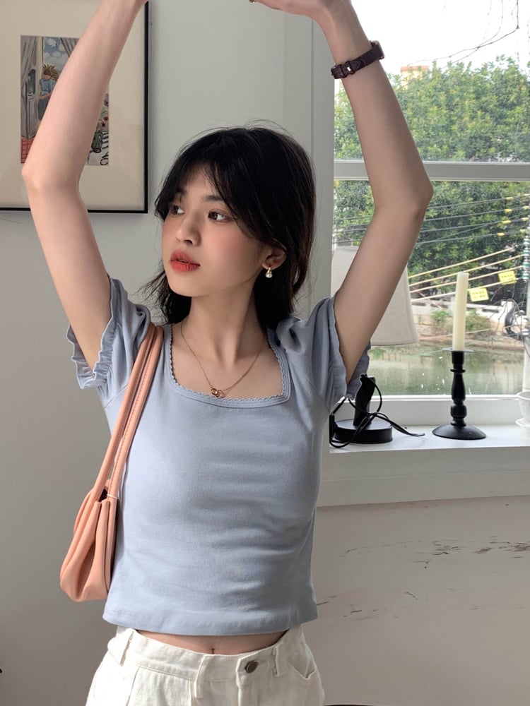 Blue Puff Sleeve Square Collar Top