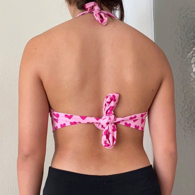 Cute Pink Heart Print Halter Bustier Crop Top Sleeveless Backless Lace Up Bralette Summer Casual E-Girl Kawaii Korean Japanese Harajuku Streetwear