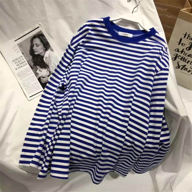 Cute Casual Stripe Round Neck Long Sleeve Tee Shirt T-shirt Top Plus Oversized Baggy E-Girl Kawaii Korean Japanese Harajuku Retro Streetwear