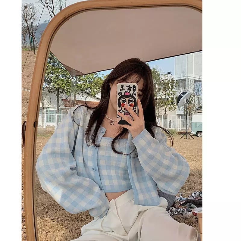 Cute Pastel Candy 2pcs Soft Plaid Knit Cardigan Sweater + Crop Top Vest Aesthetic Casual Summer E-Girl Kawaii Korean Japanese Harajuku