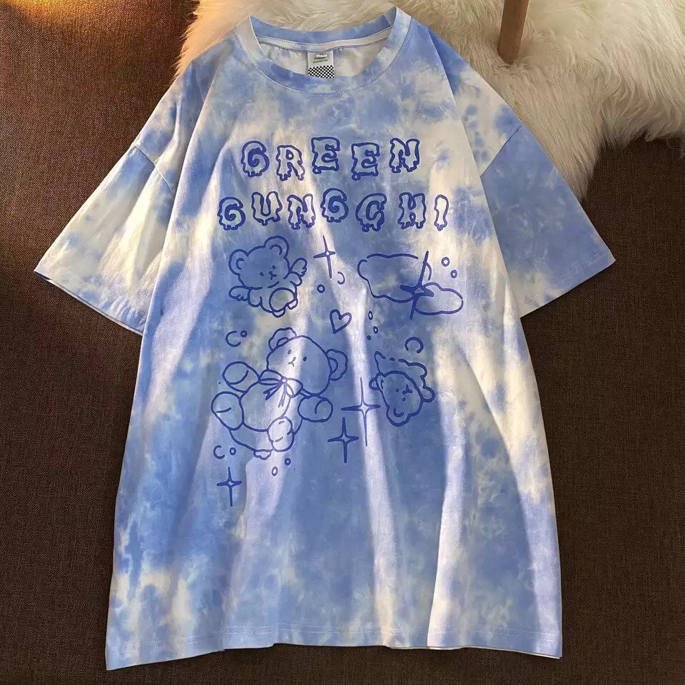 Cute Vintage Retro 90s Tie Dye Aesthetic Bear Short Sleeve Tee Shirt Top Oversize Loose Summer E-Girl Kawaii Korean Japanese Harajuku Streetwear