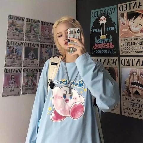Japanese Anime Cartoon Print Oversize Long Sleeve Shirt