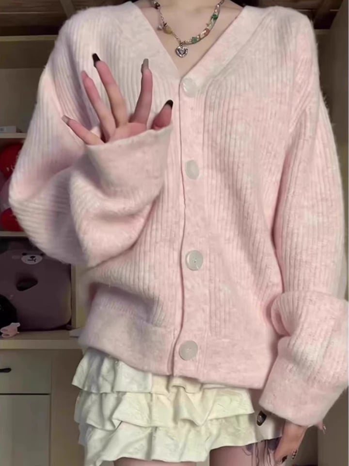 Pink V Neck Cardigan