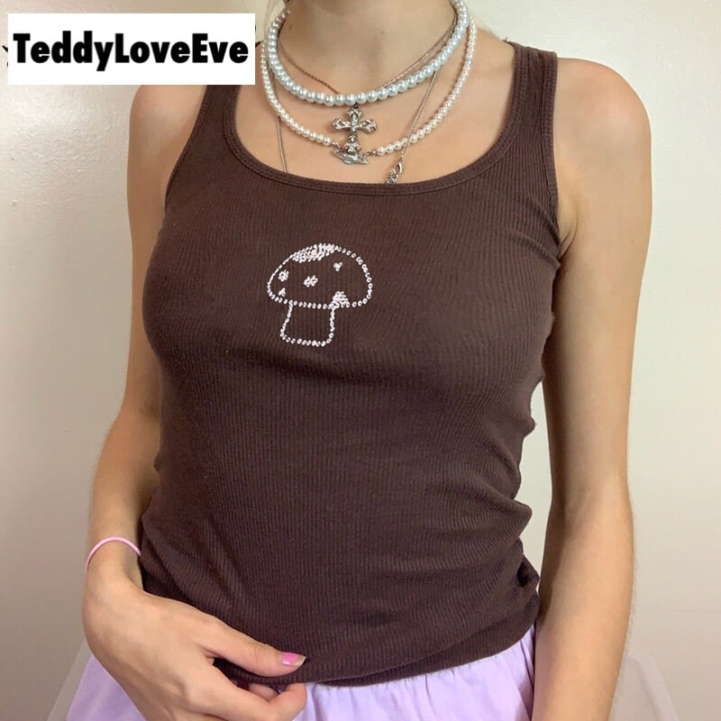 Cute 90s Vintage Brown Mushroom Diamond Aesthetics Crop Top Tank Sleeveless Shirt Summer Casual E-Girl Kawaii Korean Japanese Harajuku Streetwear