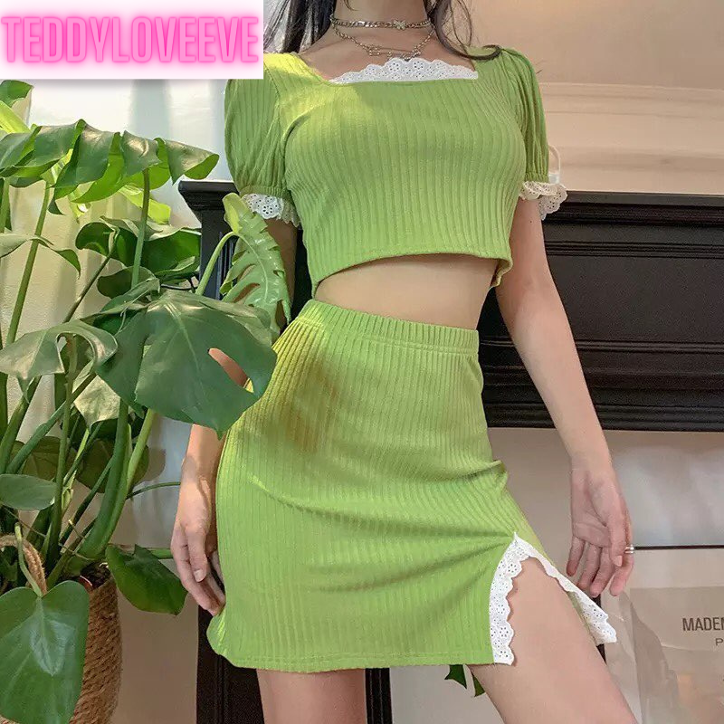 Cute Green Ribbed 2PCS Set Square Collar Puff Sleeve Lace Short Sleeve Crop Top Skirt Summer Party E-Girl Kawaii Korean Japanese Harajuku Streetwear