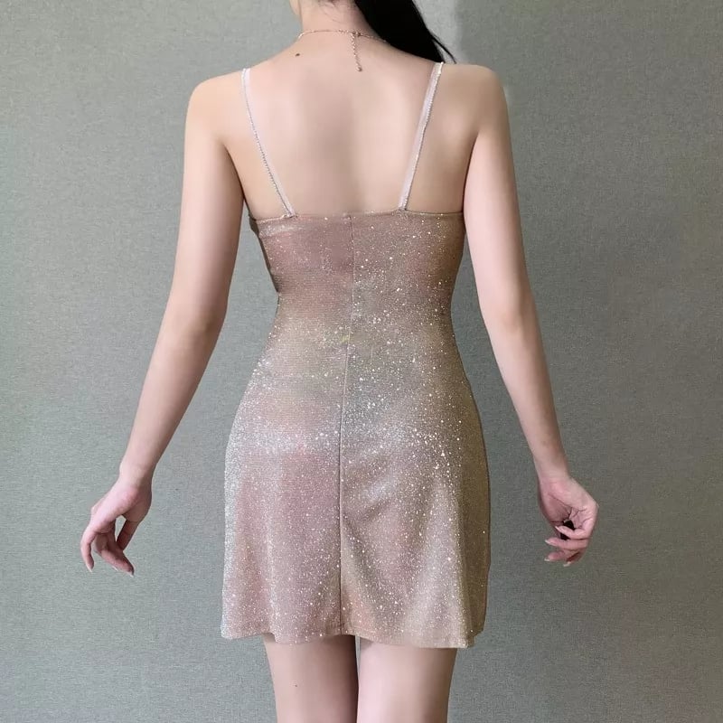Cute Sexy Sparkle Rhinestone Mini Dress Low Neck Sleeveless Backless Night Club Bodycon Summer Aesthetic Casual E-Girl Kawaii Korean Japanese Harajuku