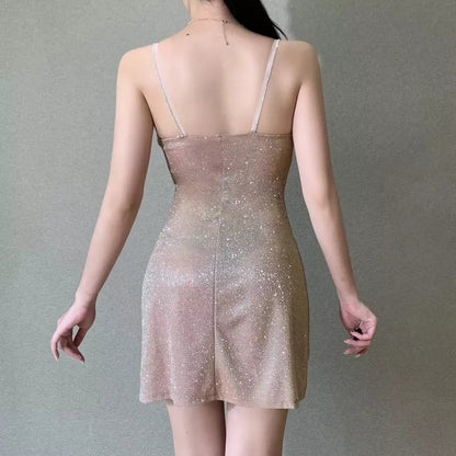 Cute Sexy Sparkle Rhinestone Mini Dress Low Neck Sleeveless Backless Night Club Bodycon Summer Aesthetic Casual E-Girl Kawaii Korean Japanese Harajuku