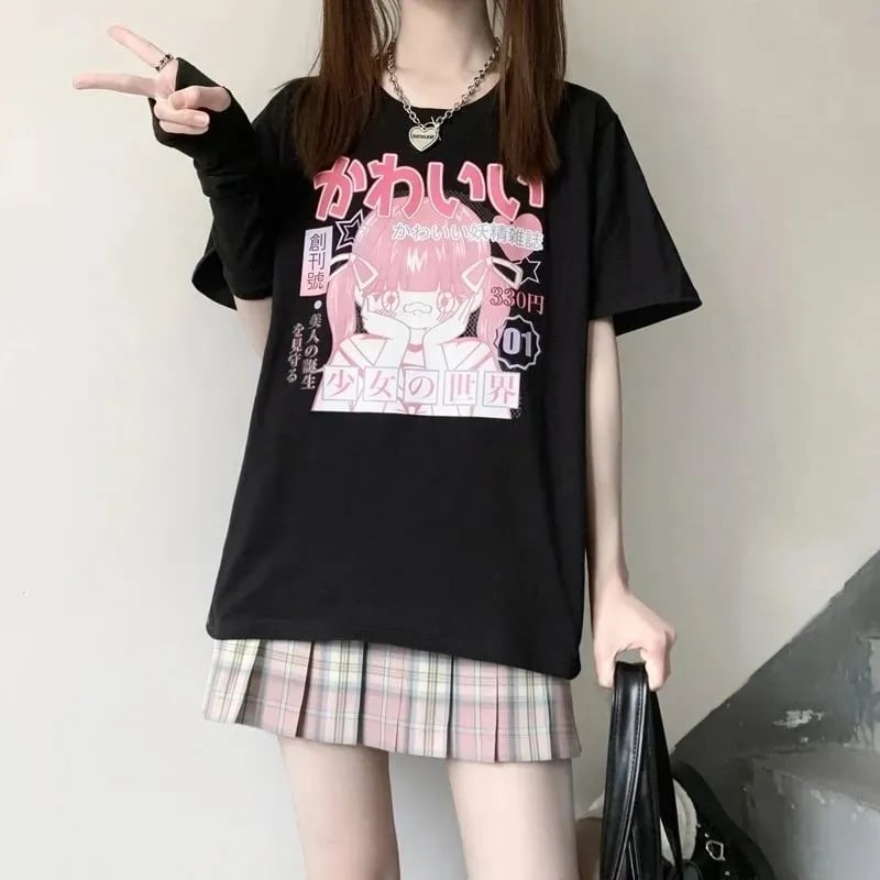 Pink 2D Anime Girl Print Short Sleeve T-shirt