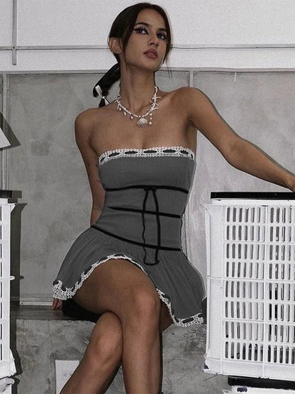 Lace Tie Up Strapless Mini Dress