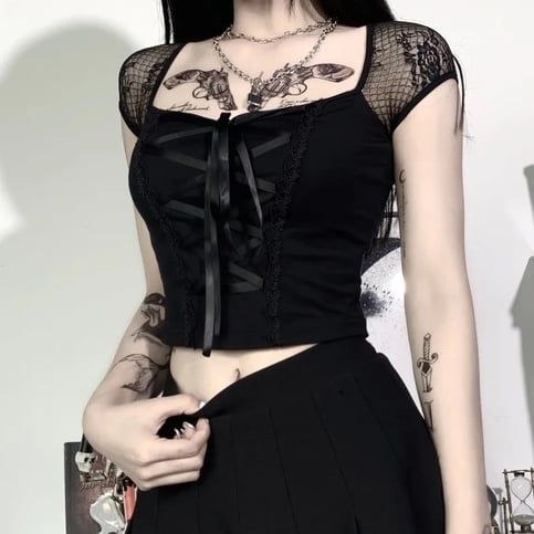 Black Bandage Ribbon Bow Lace Crop Top