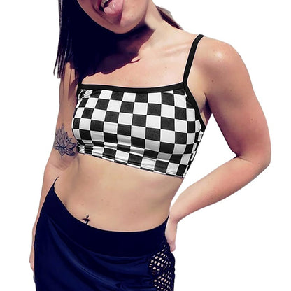Cute Sexy Black White Checkered Plaid Tank Cami Crop Top Shirt Tee T-shirt E-Girl Kawaii Korean Japanese Harajuku Chinese Retro Streetwear Aesthetic