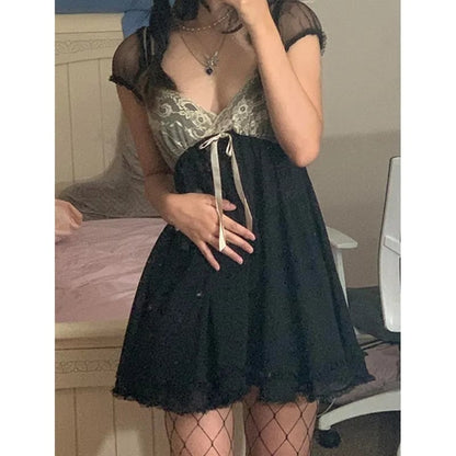 Black Vintage Lace Patchwork Mini Dress