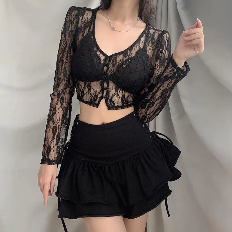 Black Lace V Neck Crop Top Cardigan