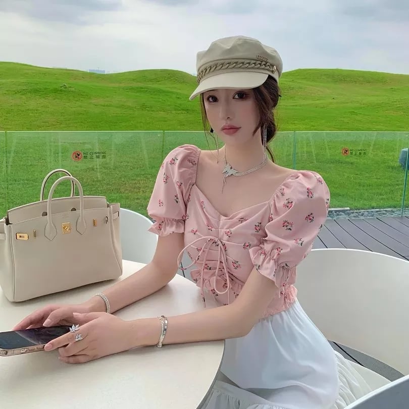Sweet Floral Bow Pleated Puff Sleeve Blouse Aesthetic Casual E-Girl Kawaii Korean Japanese Harajuku