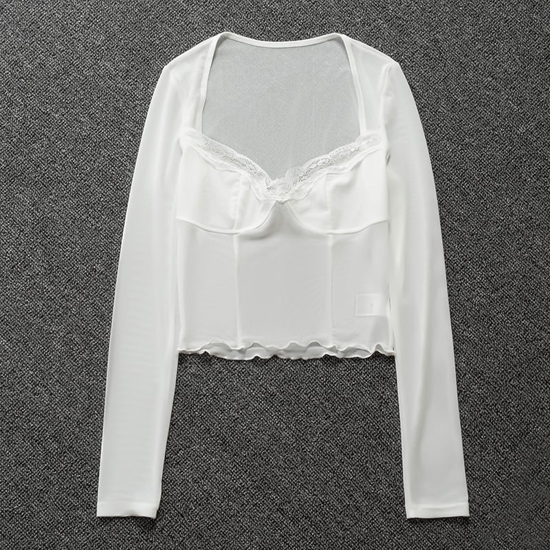 White Lace Trim Mesh Square Neck Long Sleeve Shirt