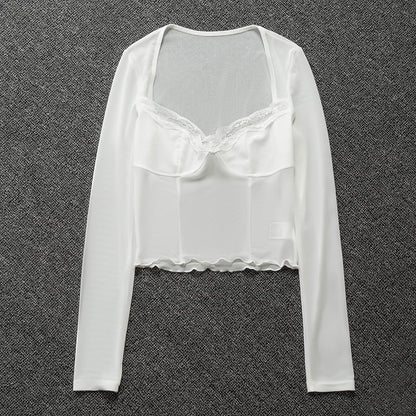 White Lace Trim Mesh Square Neck Long Sleeve Shirt