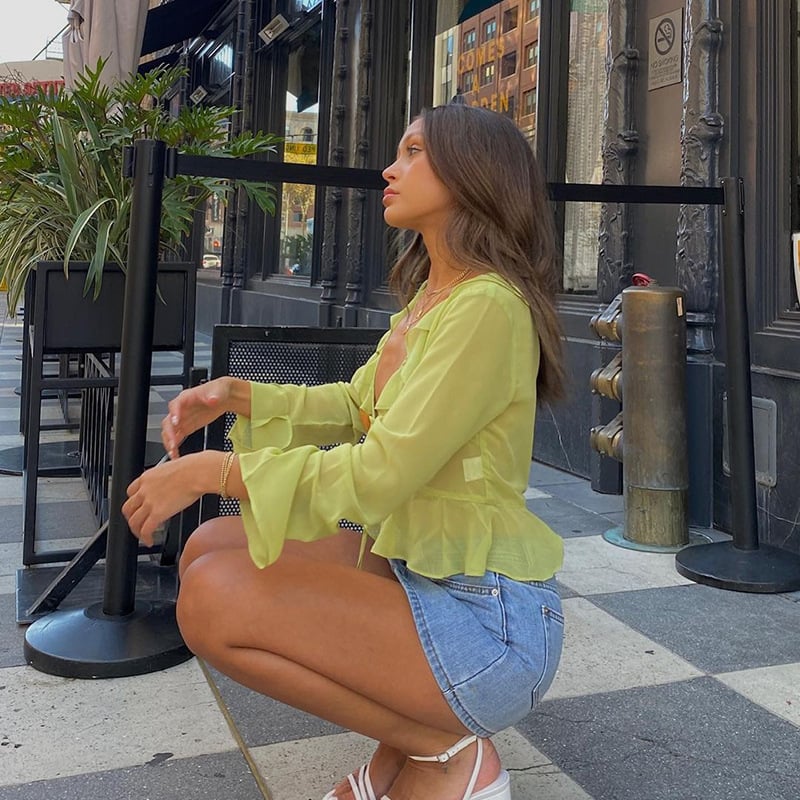 Green Sheer Flare Long Sleeve V Neck Blouse