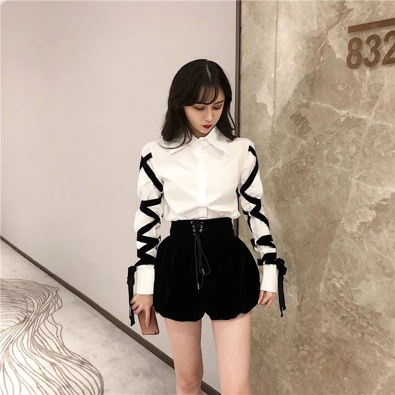 Cute White Shirt Black Bandage Ribbon Tie Up Turn Down Collar Long Sleeve Shirt Blouse Aesthetic Casual E-Girl Kawaii Korean Japanese Harajuku