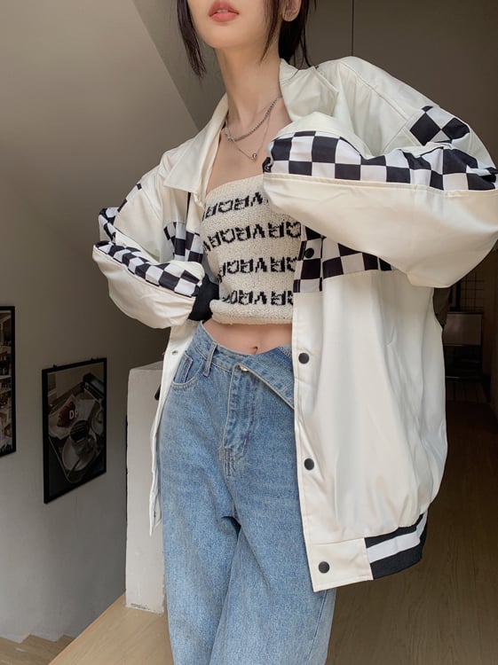 Black PU Leather Checkboard Loose Jacket