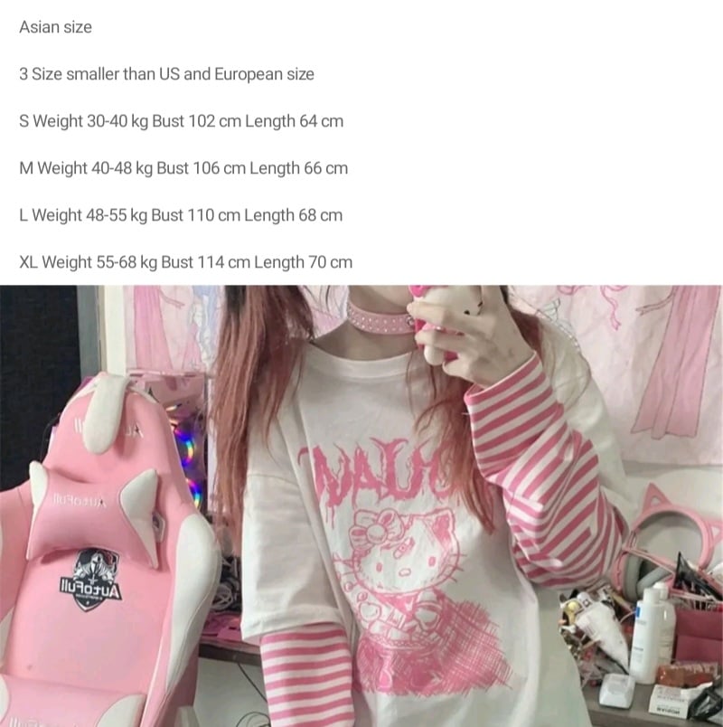 Cat Anime Print Loose Stripe Long Sleeve T-shirt