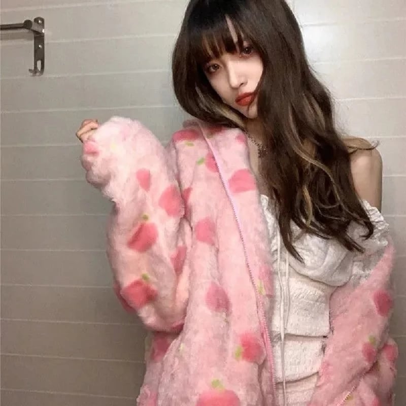 Cute Sweet Pink Peach Plush Oversized Thick Warm Jacket Zipper Hoodie Sweater Winter Autumn Aesthetic Casual E-Girl Kawaii Korean Japanese Harajuku