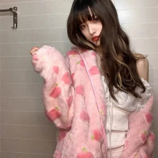 Cute Sweet Pink Peach Plush Oversized Thick Warm Jacket Zipper Hoodie Sweater Winter Autumn Aesthetic Casual E-Girl Kawaii Korean Japanese Harajuku