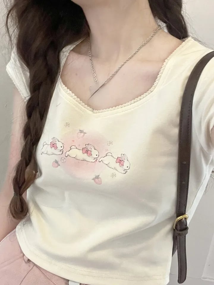 Rabbit Kitten Lace Trim Short Sleeve T-shirt