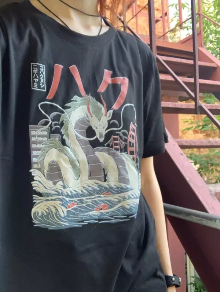 Cute Black Dragon Anime Cartoon Print Oversize Loose Short Sleeve T-shirt Aesthetic Casual Summer E-Girl Kawaii Korean Japanese Harajuku Street