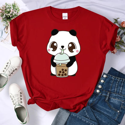 Cute Panda Bear Boba Bubble Milk Tea Graphic Cartoon Print Loose Short Sleeve T-shirt Aesthetic Casual Summer E-Girl Kawaii Korean Japanese Harajuku
