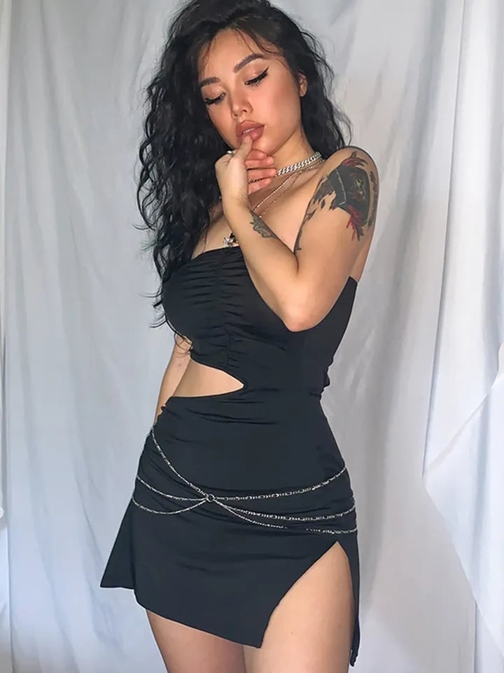 Black Strapless Chain Cut Out Split Mini Dress