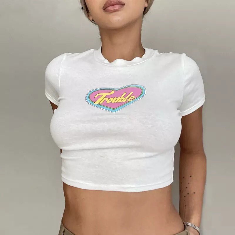 White Vintage Trouble Heart Graphic Print Short Sleeve Shirt Crop Top Summer Aesthetic Casual E-Girl Kawaii Korean Japanese Harajuku