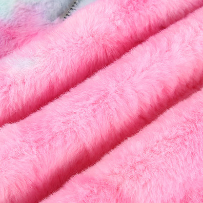 Cute Casual Rainbow Furry Tie Dye Plush Crop Long Sleeve Loose Sweatshirt Pullover E-Girl Kawaii Korean Japanese Harajuku Retro Streetwear Aesthetic