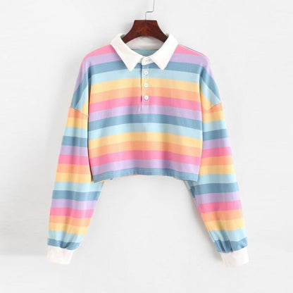 Cute 90s Rainbow Butron Crop Top Sweatshirt Sweater Oversized Hoodies Long Sleeve Shirt Top E-Girl Kawaii Korean Japanese Harajuku Retro Streetwear