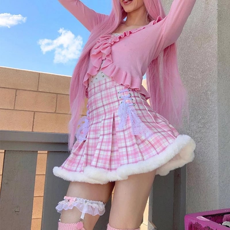 Cute Pink Plaid Feather Lace Up Pleated High Waist A-line Mini Skirt Summer Aesthetic Casual E-Girl Kawaii Korean Japanese Harajuku