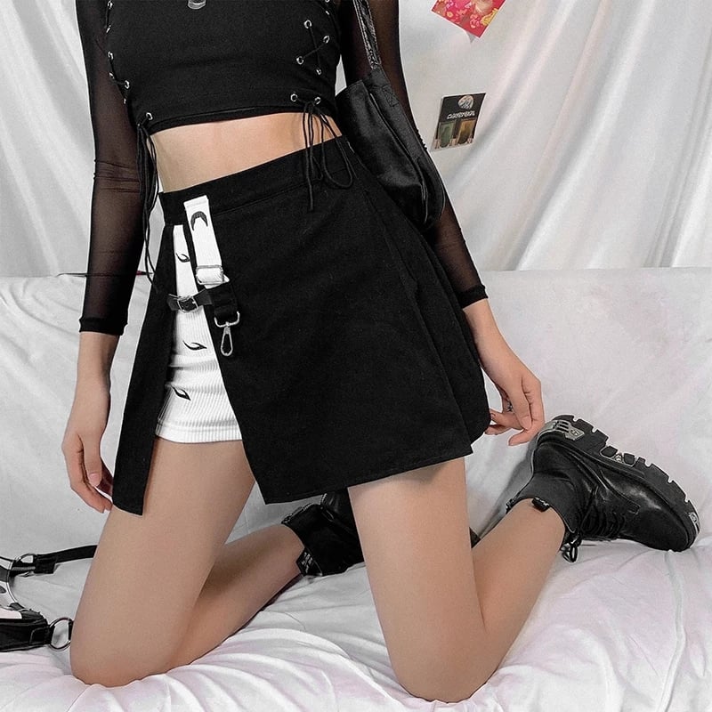 Cute Kpop Patchwork Buckle Cross Split High Waist Mini Skirt Goth Punk Streetwear Summer Aesthetic Casual E-Girl Kawaii Korean Japanese Harajuku