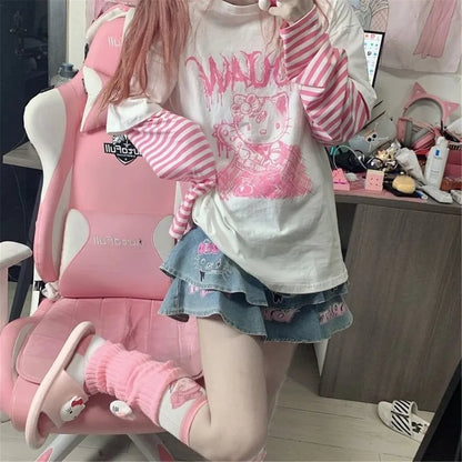 Cat Anime Print Loose Stripe Long Sleeve T-shirt